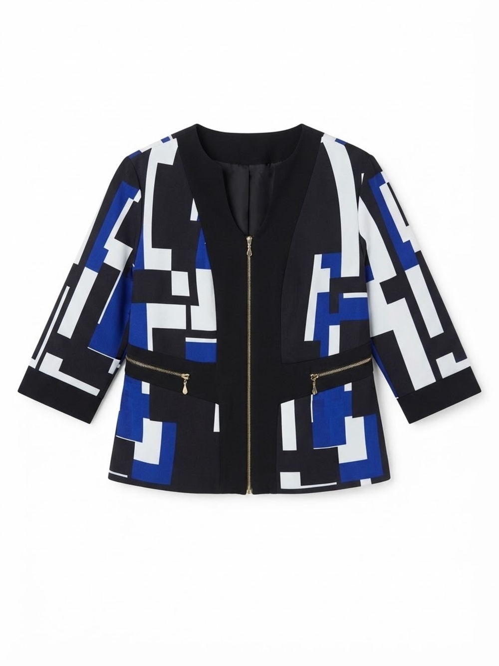 Joseph Ribkoff Black, Blue & White Geometric Zip Jacket